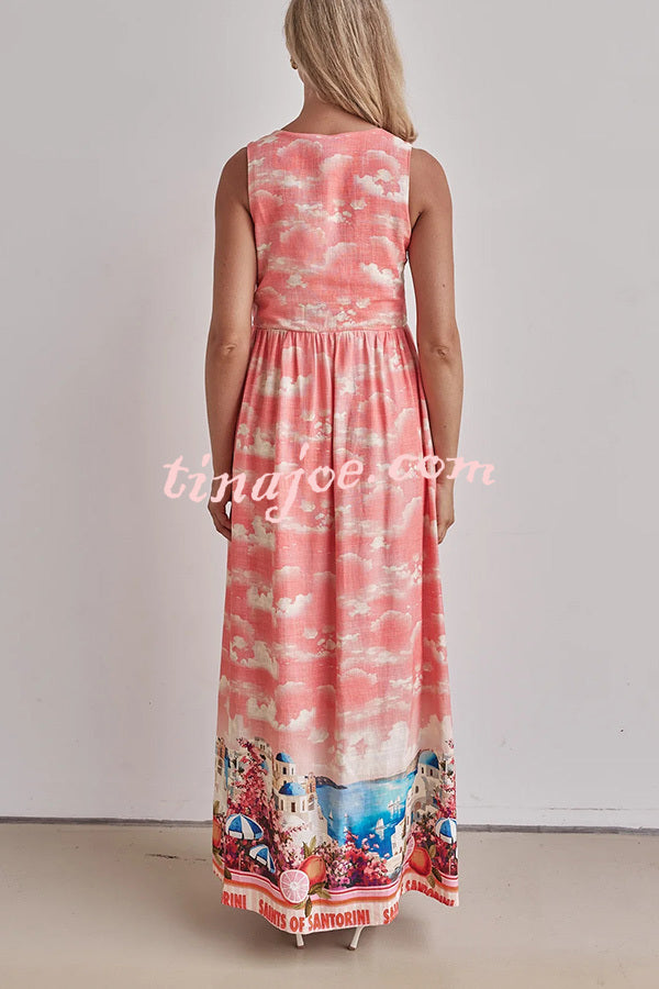 Resort Style Unique Printed Sleeveless V-neck Casual Maxi Dress