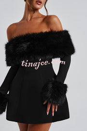 Cute and Luxe Faux Fur Trim Off Shoulder Bubble Shaped Mini Dress