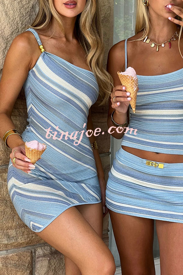 Hot Summer Girls Knit Striped Metal Beaded One Shoulder Stretch Mini Dress