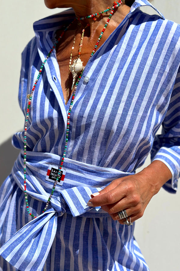 Summer Splendor Printed Button Half Sleeve Belt Loose Shirt Midi Dress