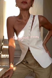 Full of Design Solid Color One Shoulder Asymmetric Slit Button Casual Vest