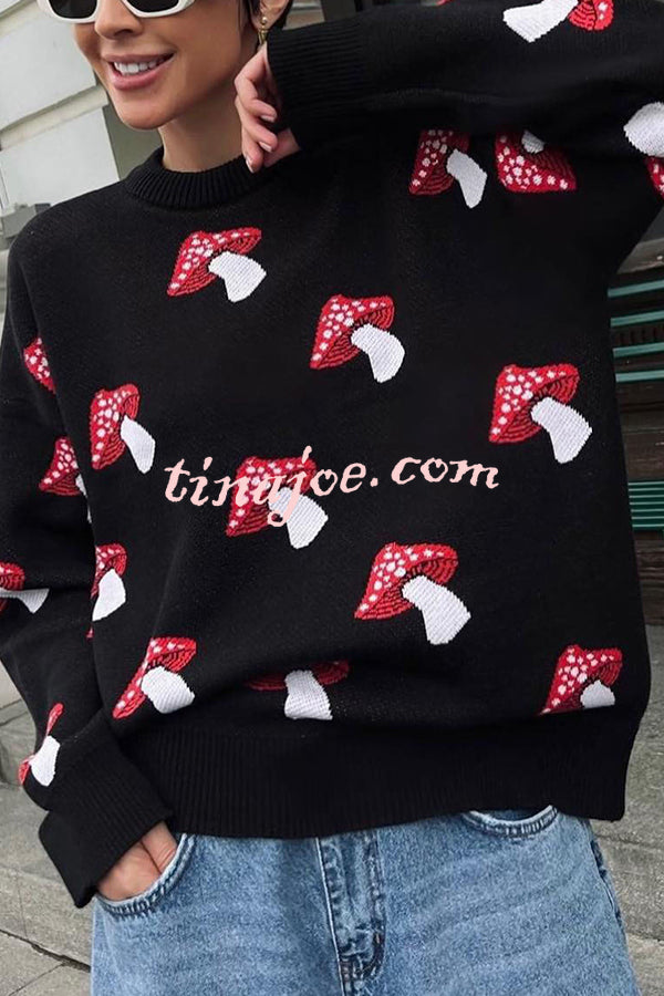 Mushroom Pattern Casual Loose Round Neck Knitted Sweater