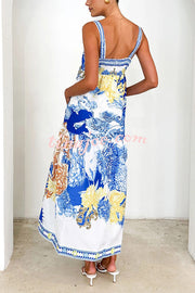 Unique Printed Square Neck Backless Pocket Maxi Dress