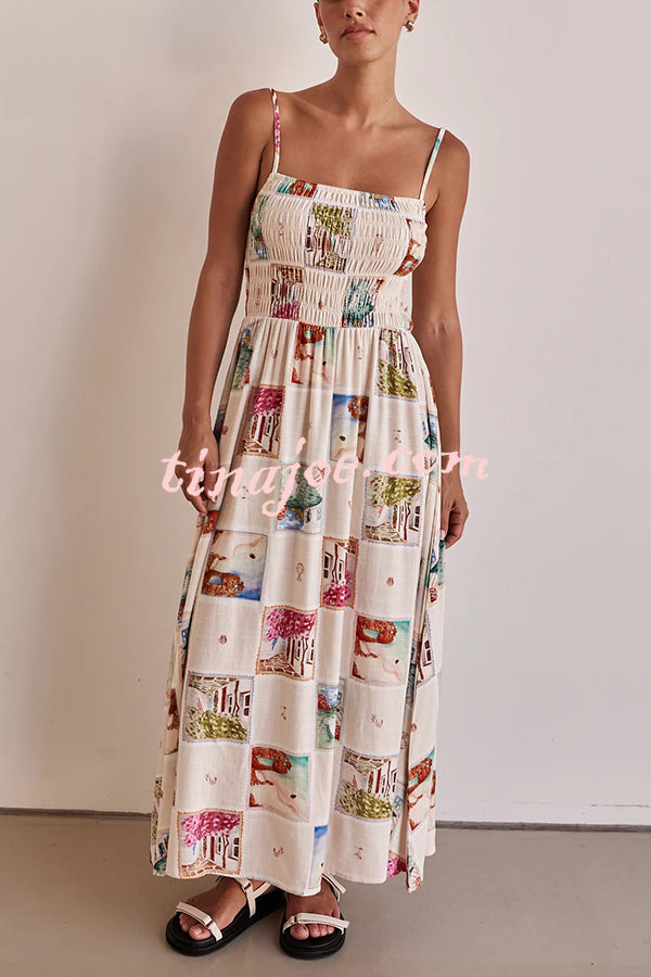 Unique Printed Sling Backless Elastic Pleated Maxi Dress