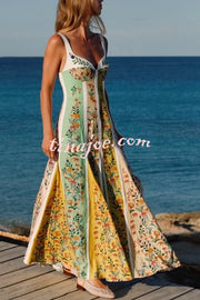 Sweet Garden Linen Blend Color Block Floral Paneled Maxi Dress