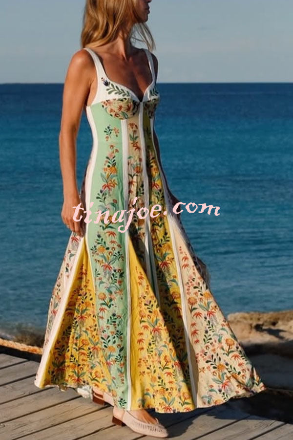 Sweet Garden Linen Blend Color Block Floral Paneled Maxi Dress