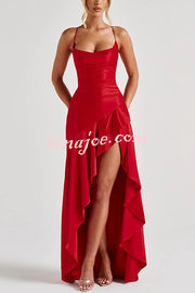Solid Color Sexy Backless Lace-up Irregular Ruffled Maxi Dress