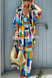 Summer Colors Printed Kimono + Knotted Tank + Elastic Waist Pocket Three-pieces Pants Set