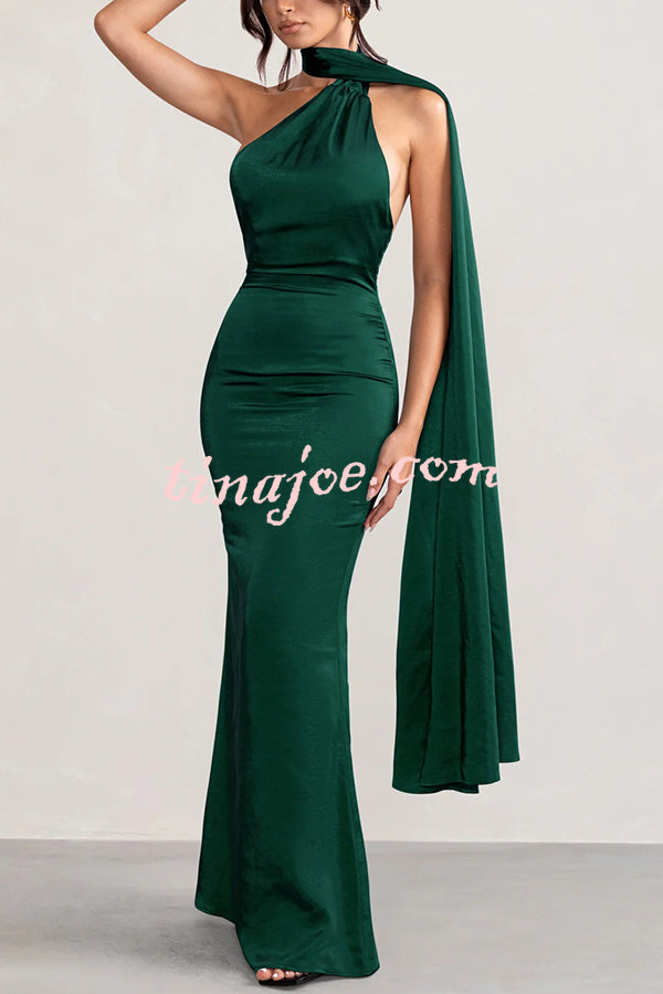 VIP Party Satin Asymmetric Scarf Neck Backless Maxi Dress