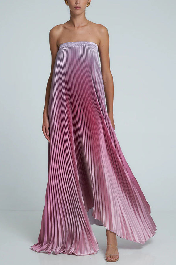 Gorgeous Styling Satin Pleated Elastic Bust Strapless A-line Gown Maxi Dress