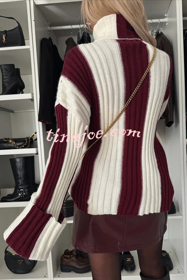 Comfort and Warmth Knit Color Block Long Sleeve Turtleneck Sweater