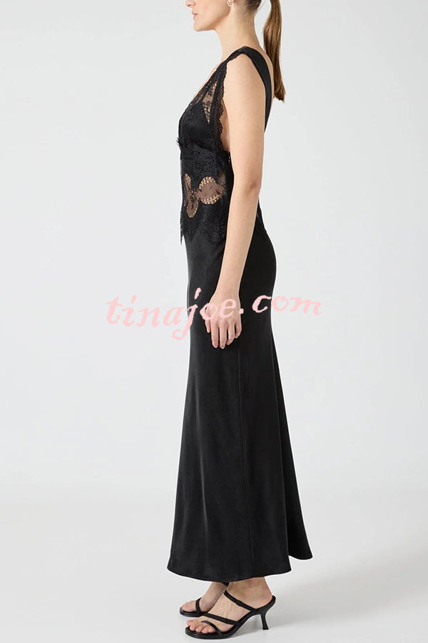 Wonderful Fusion Satin Lace Trim See-through Waist V-neck Drape Maxi Dress