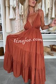 Bohemian Style V-neck Backless Slip Layered Vacation Maxi Dress