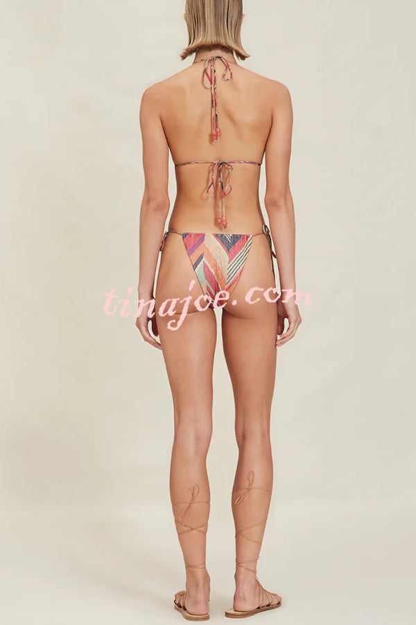 Gypsy Girl Triangle Pattern Beaded Halter Tie-up Stretch Bikini Set