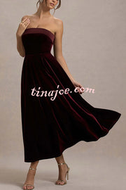 Center of Attention Velvet Satin Neck Bandeau Pleated Midi Dress