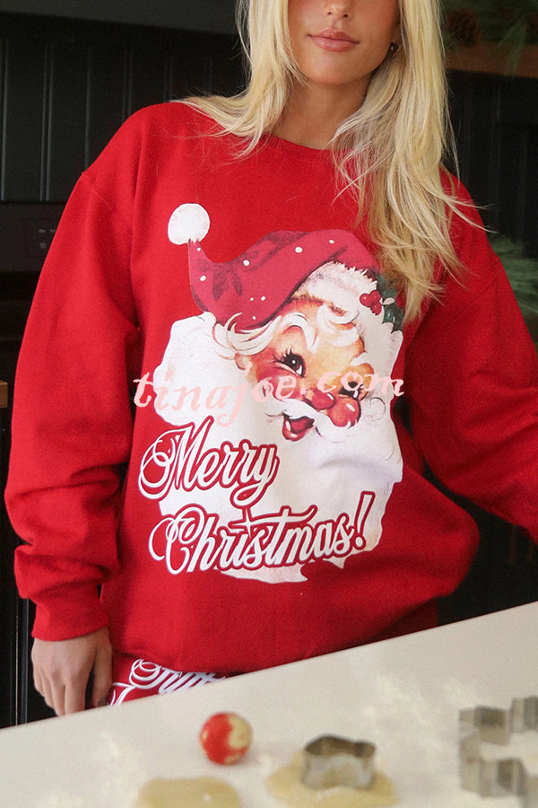 Christmas Santa Print Loose Round Neck Sweatshirt and Elastic Waist Casual Pants Set