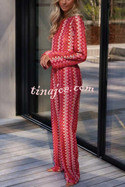 Tamia Knit Colorful Wave Unique Print Crop Top and Stretch Wide Leg Pants Set