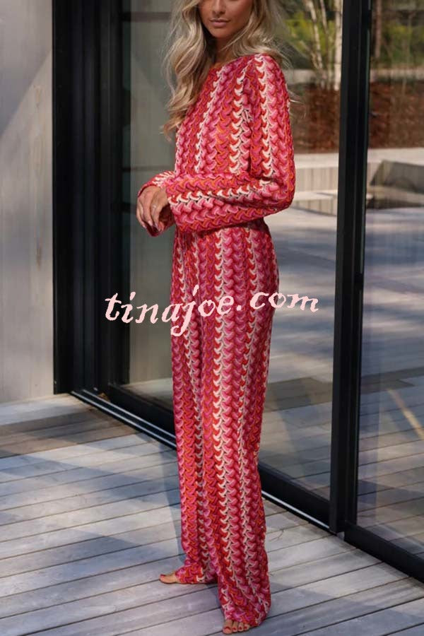 Tamia Knit Colorful Wave Unique Print Crop Top and Stretch Wide Leg Pants Set