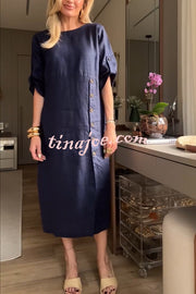 Ultra-comfortable Linen Blend Half Sleeve Front Button Detail Relaxed Pocket Midi Dress