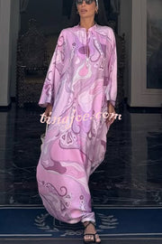 Gayle Satin Unique Print Stand Tie-up Neck Loose Kaftan Maxi Dress