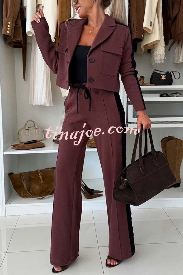 Fashion Lace Panel Long-sleeved Crop Top and Elastic Waist Tie Pocket Casual Pants Set