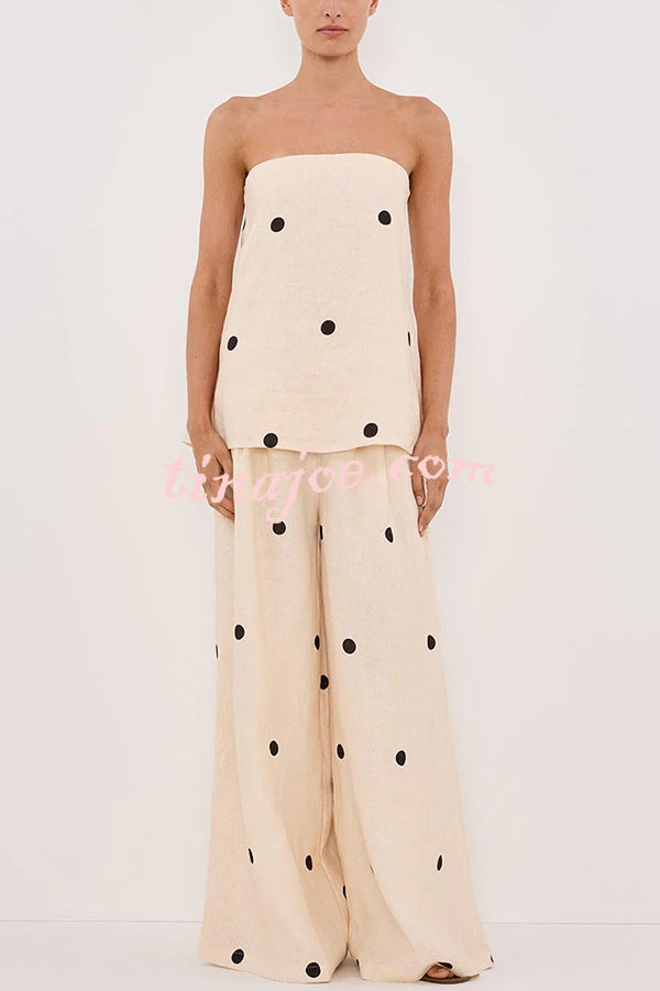 Linen Blend Polka Dot Bandeau Top and Elastic Waist Pocket Wide Leg Pants Set