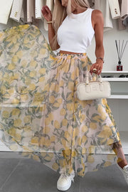 Summer Lemon Print Elastic Waist Tulle Holiday Midi Skirt