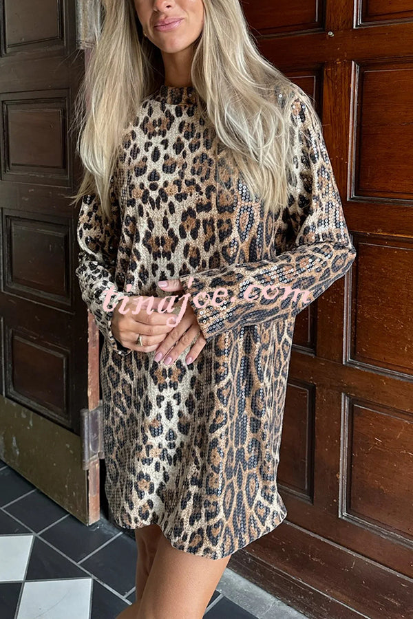 Charming Lady Sequin Leopard Print Long Sleeve H-line Loose Mini Dress