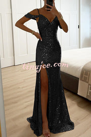 Prom Dreamland Sequin Cold Shoulder Ruched Slit Maxi Dress