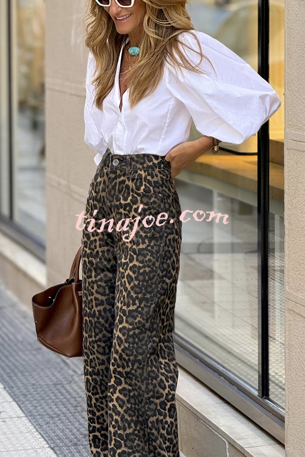 Wild Feel Denim Leopard Print High Rise Wide Leg Pocketed Jeans