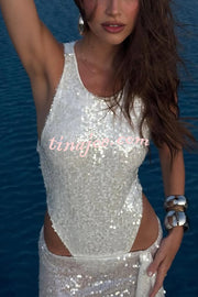 Fashion Sequin Sleeveless Fitted Rompers and Holiday Slit Maxi Skirt Set