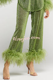 Glitter Fabric Feather Trim Long Sleeve Button Top and Elastic Waist Loose Straight Pants Set