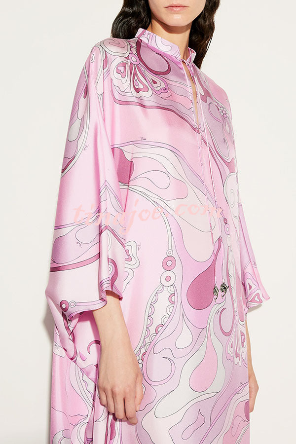 Gayle Satin Unique Print Stand Tie-up Neck Loose Kaftan Maxi Dress