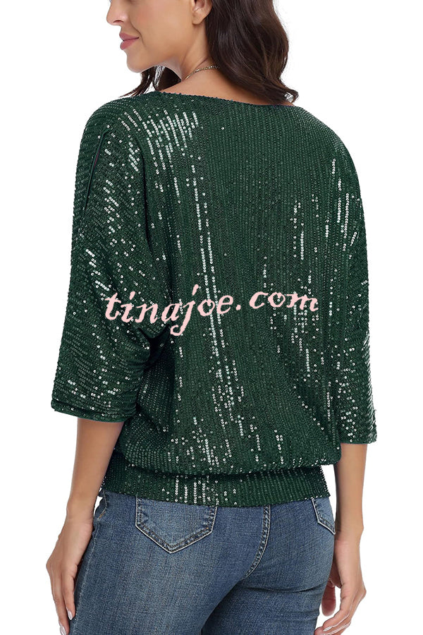 Solid Color Sequined Loose Round Neck Casual Top