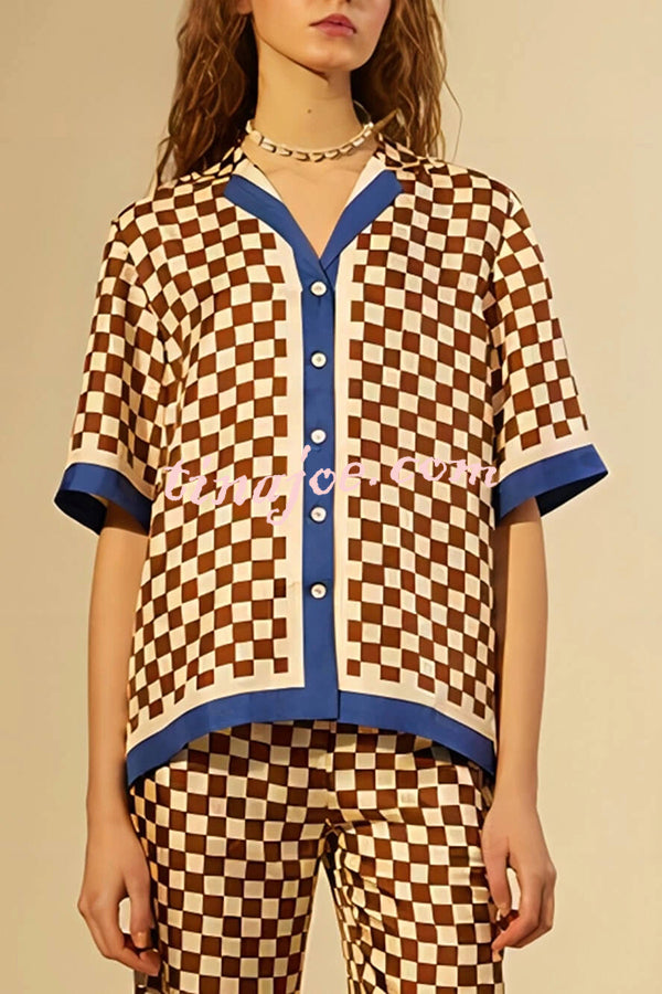 Olivia Satin Checkerboard Colorblock Print Shirt and Elastic Waist Pocketed Loose Pants Set