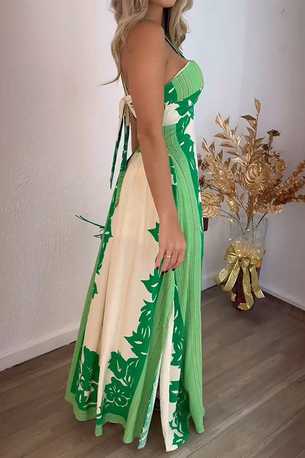 Unique Print Halter Neck Hollow Back Tie Maxi Dress