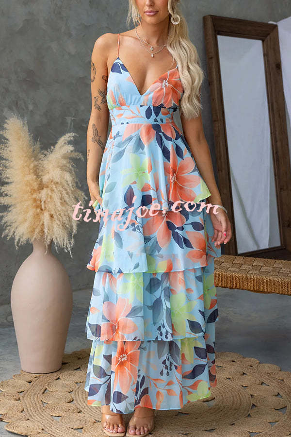 Dreamy Destiny Floral Print Elastic Back Tiered Maxi Dress