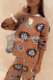 Mediterranean Art Knit Unique Sun Vortex Print Long Sleeve Relaxed Sweater