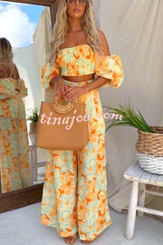 Quinci Floral Puff Sleeve Smocked Top and Elastic Waist Pocketed Loose Pants Set