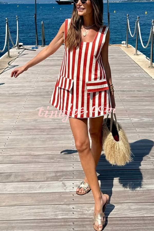 Sunny Views Thick Striped Print Wide Strap Flap A-line Mini Dress