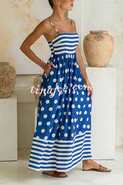 Striped Polka-dot Print Sling Pleated Open-back Maxi Dress