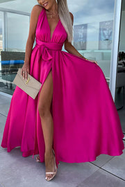 Different Elegant Effects Satin Free Tie Neck Slit Maxi Dress