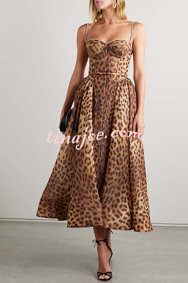 Unleash Your Wild Leopard Rhinestone Trim Back Smocked Midi Dress