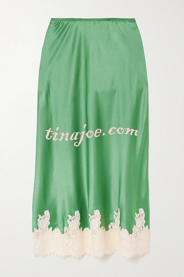 Celebration Look Contrast Color Satin Lace Trim Elastic Waist Drape Midi Skirt