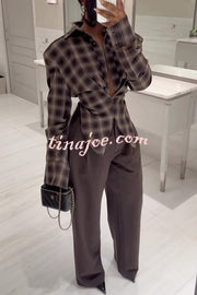 Vintage Plaid Shoulder Pad Buttons Long Sleeve Angled Hem Shirt