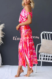 Satin Unique Print One Shoulder Tie Waist Slit Maxi Dress