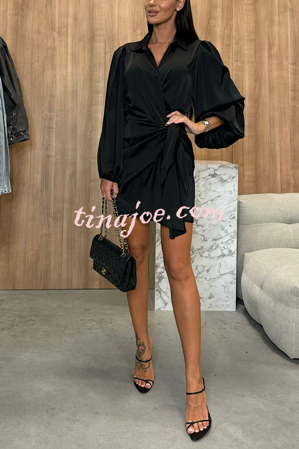 Solid Satin Long Sleeve Tie Waist Irregular Mini Dress