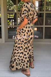 Leopard Print Casual Loose V-neck Short-sleeved Pocket Midi Dress