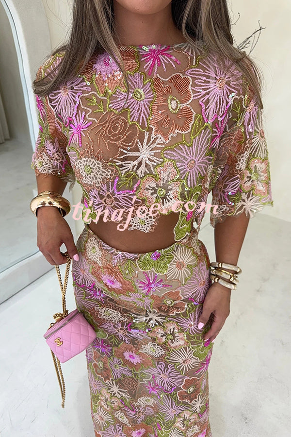 Fashionable Embroidered Flower Sequined Crop Top and Elegant Sheer Maxi Skirt Set