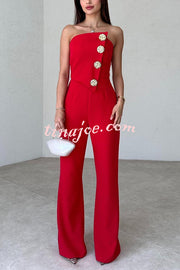 Solid Color Sexy Tube Top Gold Button Embellished Bootcut Jumpsuit